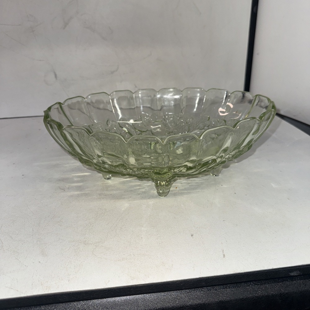 Vintage 1960s Indiana Glass Harvest Grape & Leaves Green Footed Fruit Bowl 12 in